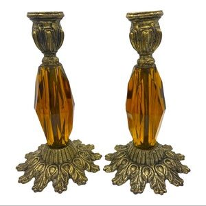 Vintage Candle Holder Mid Century Modern Amber Lucite Candlestick  Pair 7”